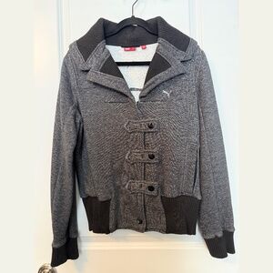 Puma Heather Gray Zip Up & Snap Sweater Size Large w/Black Wide Collar Accent